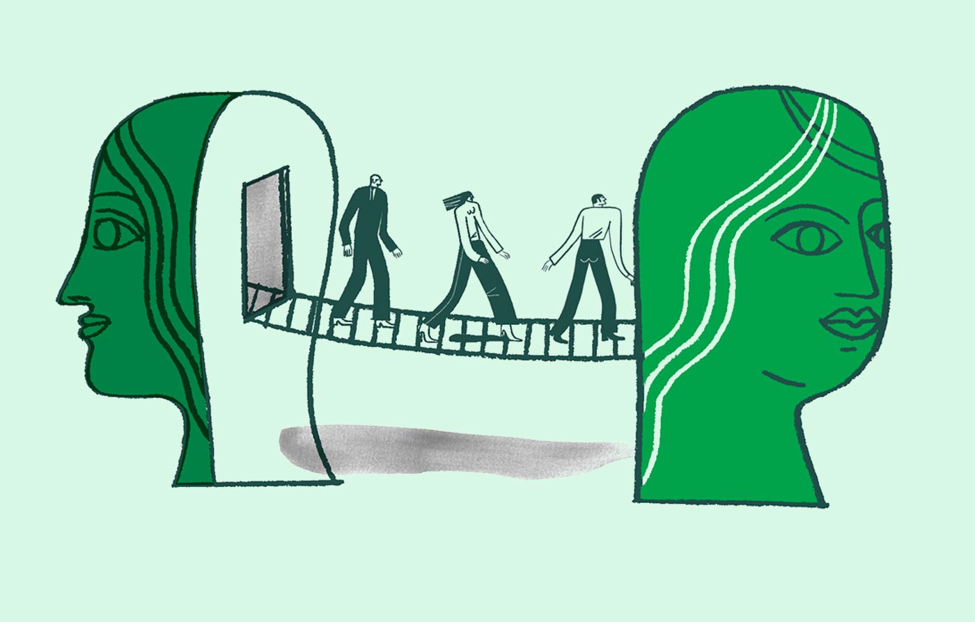 Menschen gehen über eine Hängebrücke, die zwischen zwei überdimensionalen Kopfhälften gespannt ist