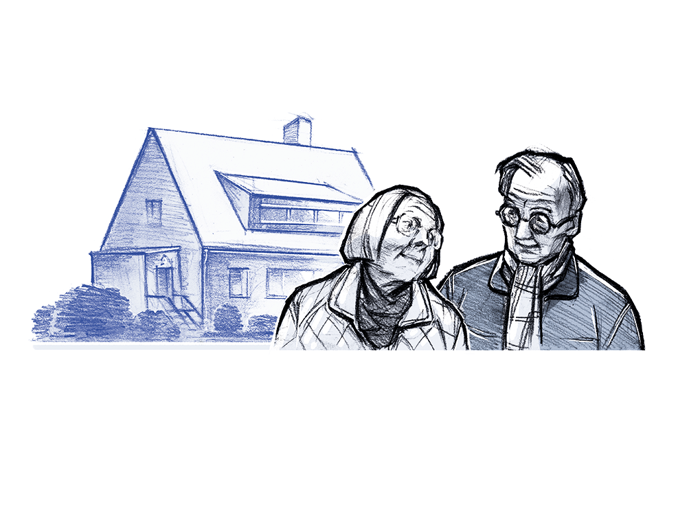 Ein älterer Herr und eine ältere Dame stehen vor einem Einfamilienhaus.