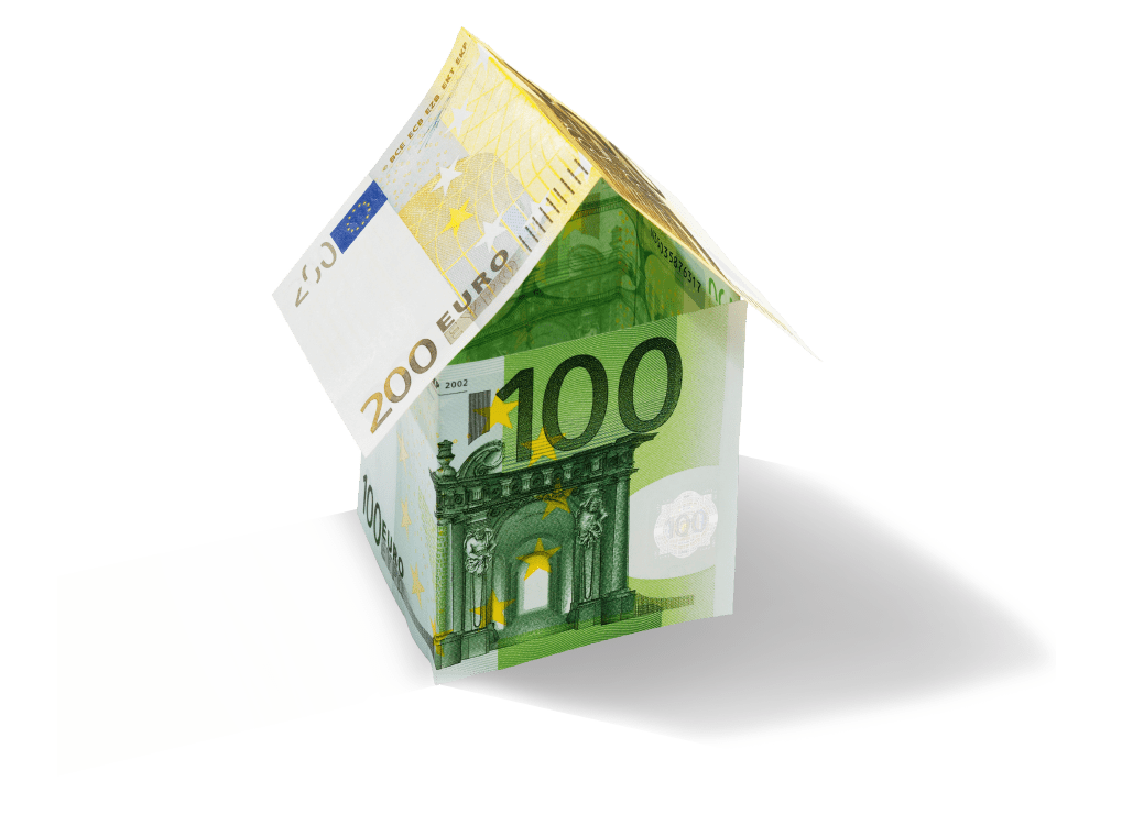 100-Euro-Scheine, die zu einem Haus mit Dach gefaltet sind.